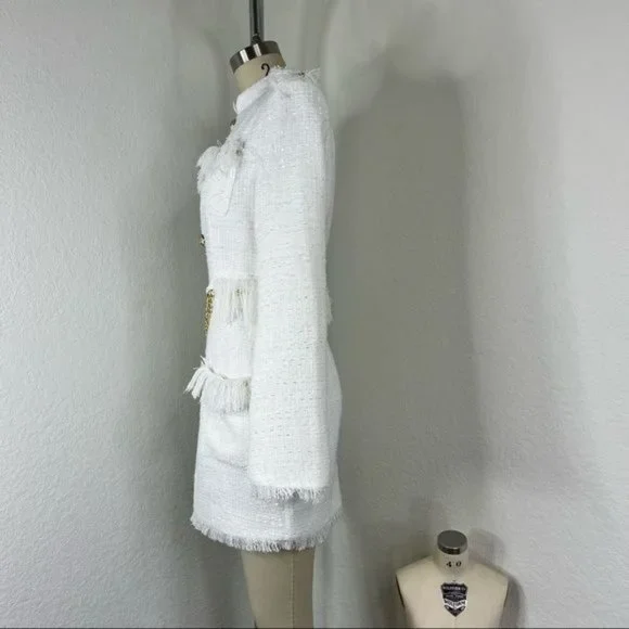 Luxdress Chunky Chain Fringe Button Front Long Sleeve Tweed Mini Dress - Picture 5 of 10